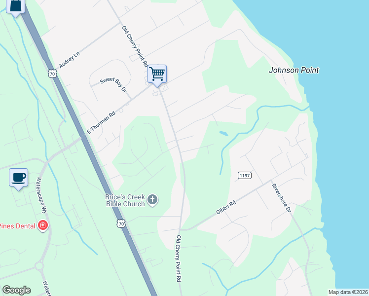 map of restaurants, bars, coffee shops, grocery stores, and more near 4106 Old Cherry Point Road in New Bern