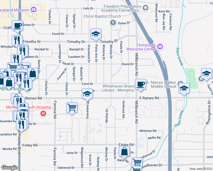 map of restaurants, bars, coffee shops, grocery stores, and more near 1555 Carol Drive in Memphis