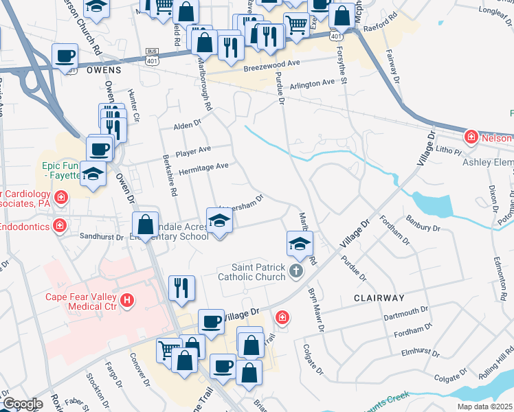 map of restaurants, bars, coffee shops, grocery stores, and more near 1470 Habersham Drive in Fayetteville