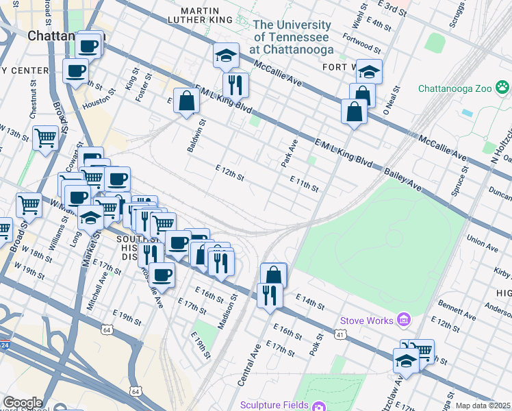 map of restaurants, bars, coffee shops, grocery stores, and more near 824 East 12th Street in Chattanooga