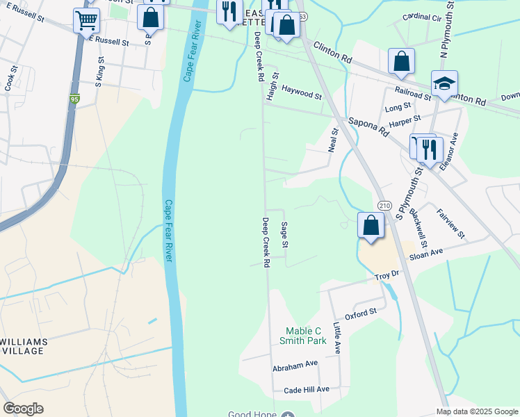 map of restaurants, bars, coffee shops, grocery stores, and more near 620 Deep Creek Road in Fayetteville