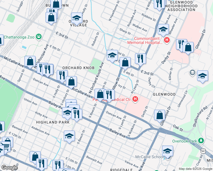 map of restaurants, bars, coffee shops, grocery stores, and more near 2003 Vine Street in Chattanooga