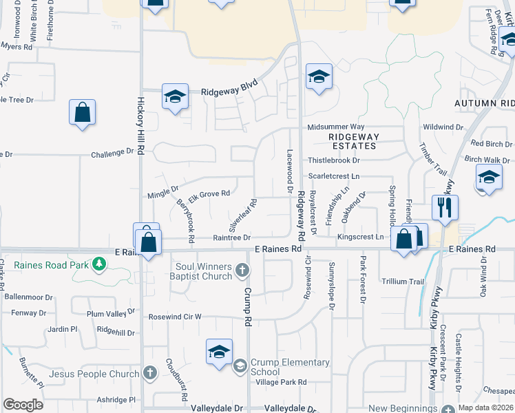 map of restaurants, bars, coffee shops, grocery stores, and more near 4084 Silverleaf Road in Memphis