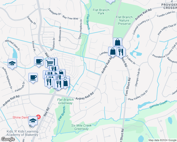 map of restaurants, bars, coffee shops, grocery stores, and more near Longmont Dr & Flat Creek Dr in Charlotte