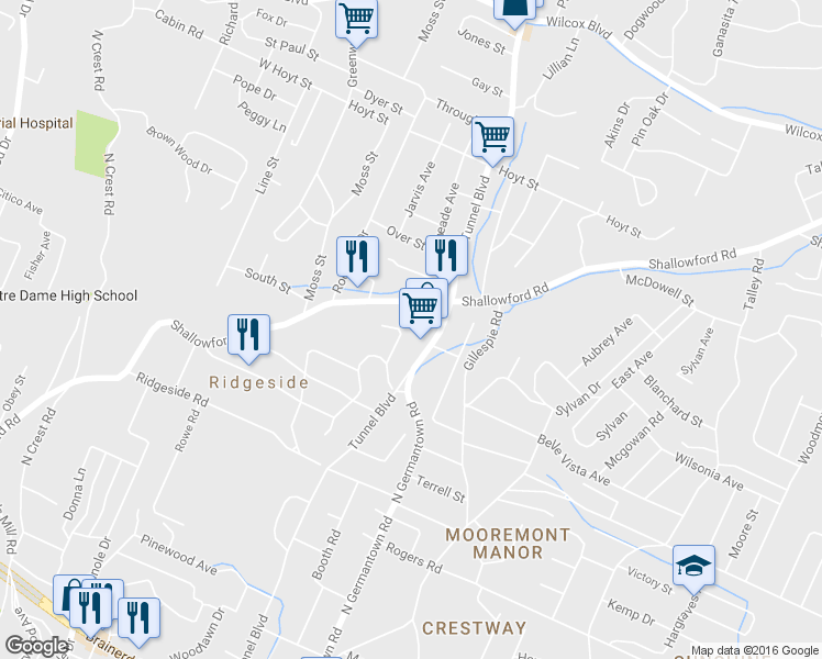 map of restaurants, bars, coffee shops, grocery stores, and more near 8 North Lynncrest Drive in Chattanooga