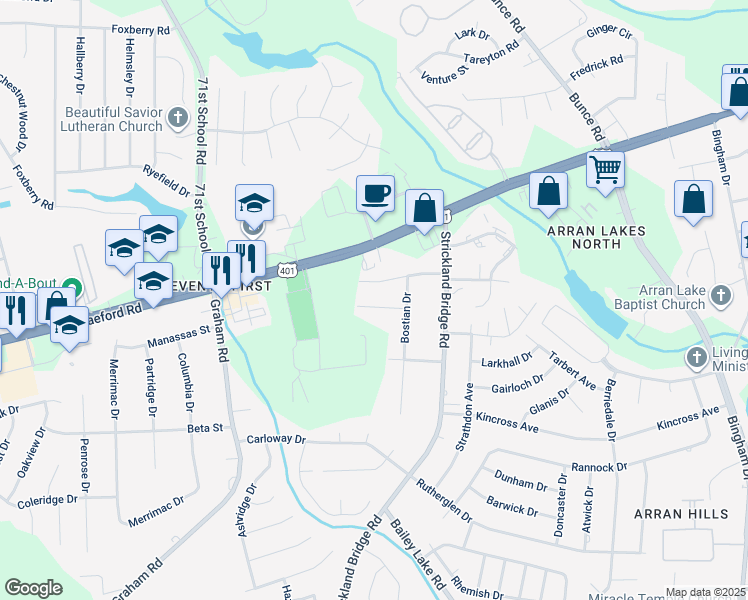map of restaurants, bars, coffee shops, grocery stores, and more near 6314 Norton Drive in Fayetteville