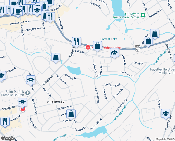map of restaurants, bars, coffee shops, grocery stores, and more near 820 Sage Creek Lane in Fayetteville