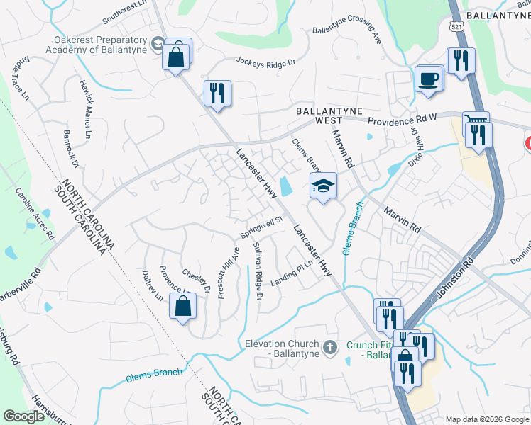 map of restaurants, bars, coffee shops, grocery stores, and more near 12015 Valley Oak Street in Charlotte