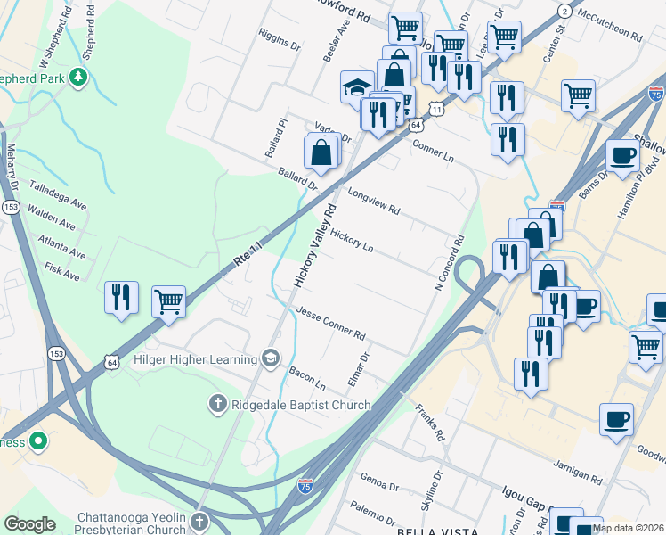 map of restaurants, bars, coffee shops, grocery stores, and more near 2036 Hickory Valley Rd in Chattanooga