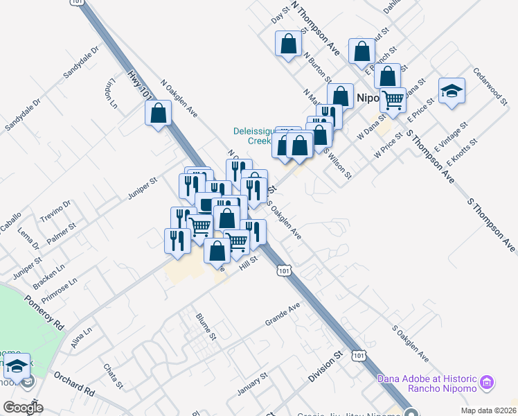 map of restaurants, bars, coffee shops, grocery stores, and more near 449 West Tefft Street in Nipomo