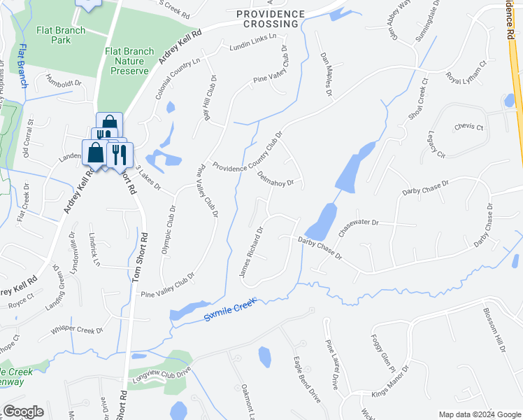 map of restaurants, bars, coffee shops, grocery stores, and more near 6210 Cruden Bay Way in Charlotte
