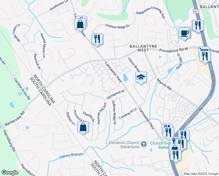map of restaurants, bars, coffee shops, grocery stores, and more near 15412 Lafite Street in Charlotte