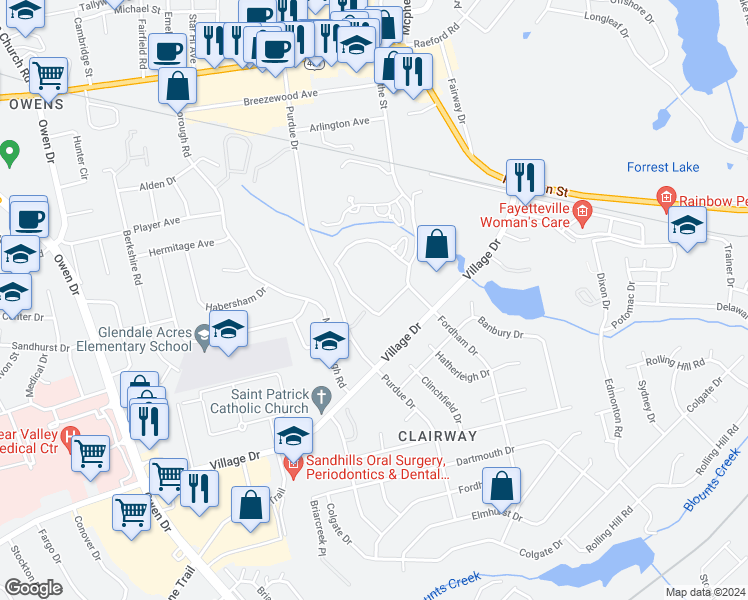 map of restaurants, bars, coffee shops, grocery stores, and more near 1821 Fordham Drive in Fayetteville