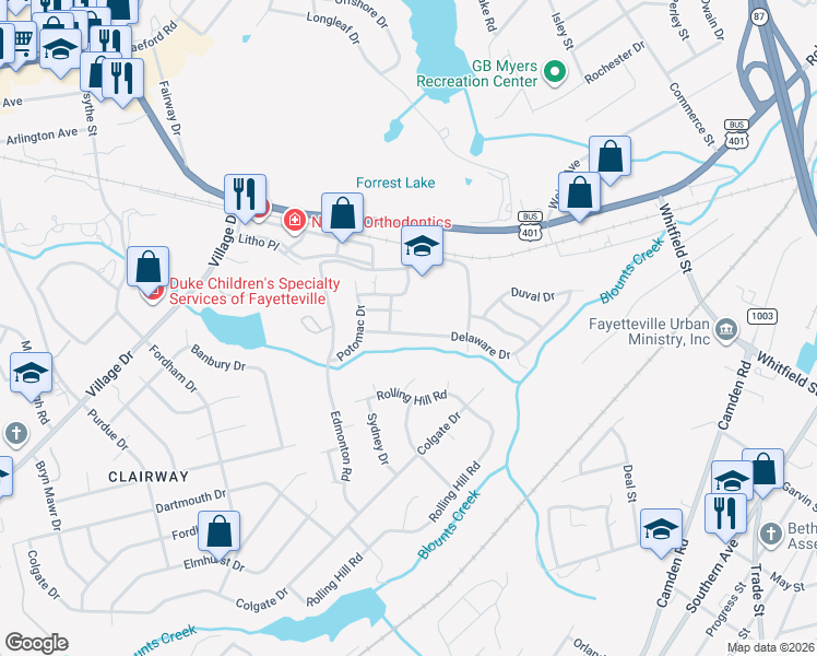 map of restaurants, bars, coffee shops, grocery stores, and more near 2960 Delaware Drive in Fayetteville