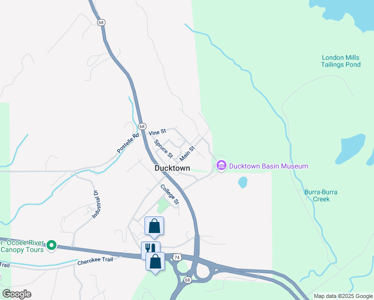 map of restaurants, bars, coffee shops, grocery stores, and more near 356 Main Street in Ducktown