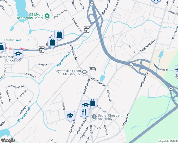map of restaurants, bars, coffee shops, grocery stores, and more near 1040 Camden Road in Fayetteville