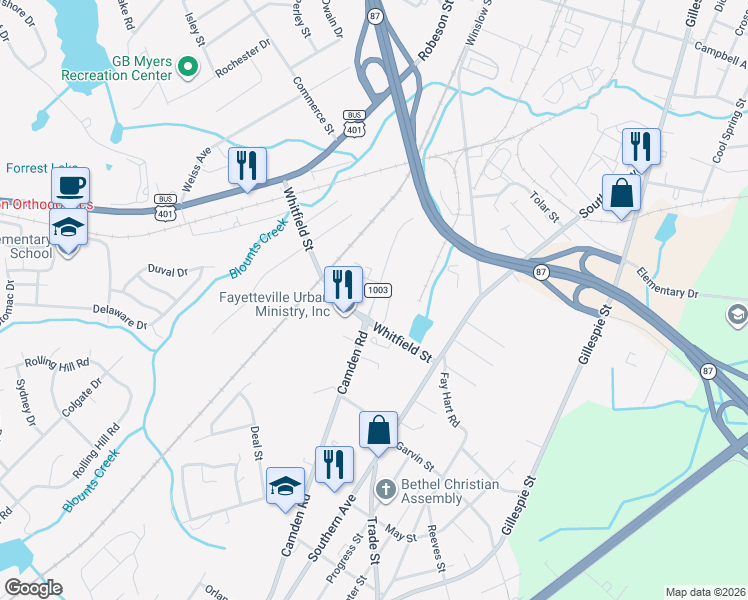 map of restaurants, bars, coffee shops, grocery stores, and more near 1040 Camden Rd in Fayetteville