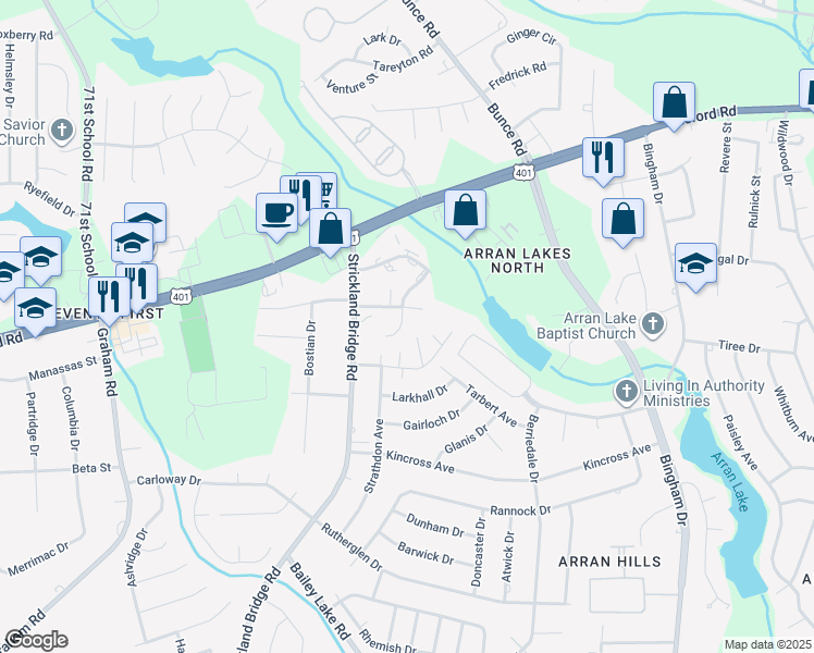 map of restaurants, bars, coffee shops, grocery stores, and more near 6434 Applecross Avenue in Fayetteville