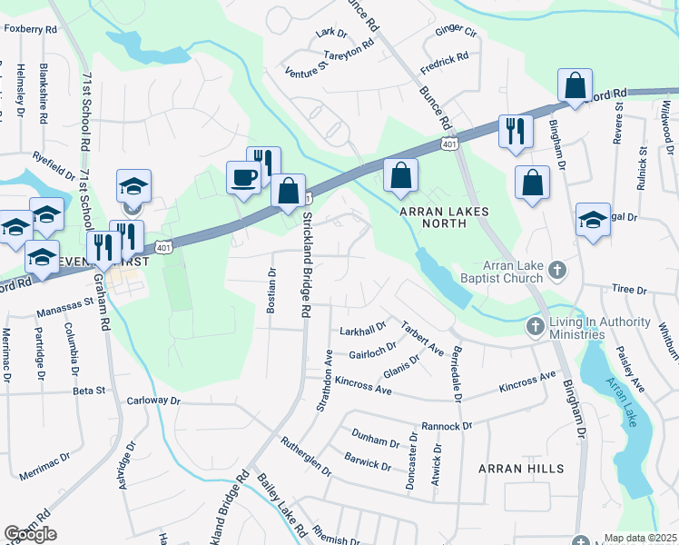 map of restaurants, bars, coffee shops, grocery stores, and more near 6541 Raeford Road in Fayetteville