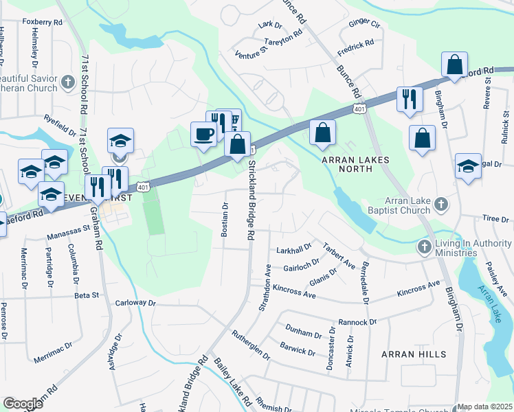 map of restaurants, bars, coffee shops, grocery stores, and more near 1064 Strickland Bridge Road in Fayetteville