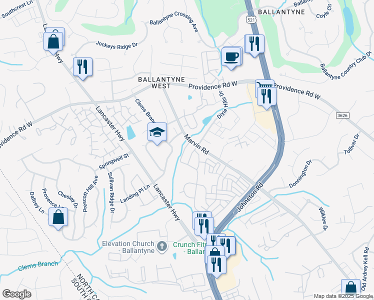 map of restaurants, bars, coffee shops, grocery stores, and more near 15504 Stronvar House Lane in Charlotte