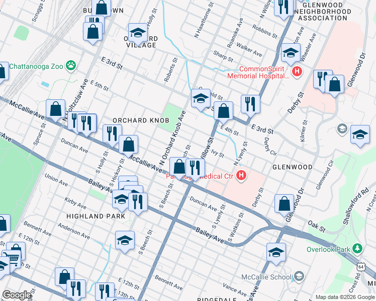 map of restaurants, bars, coffee shops, grocery stores, and more near 2003 Vine Street in Chattanooga