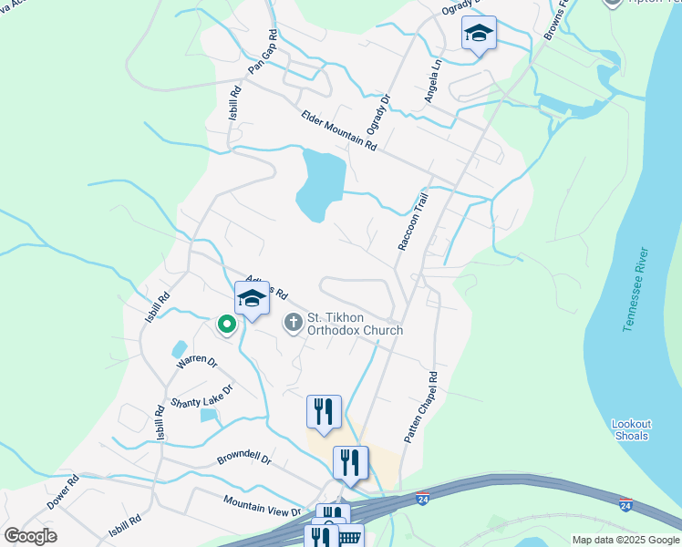 map of restaurants, bars, coffee shops, grocery stores, and more near 3586 Willow Lake Circle in Chattanooga