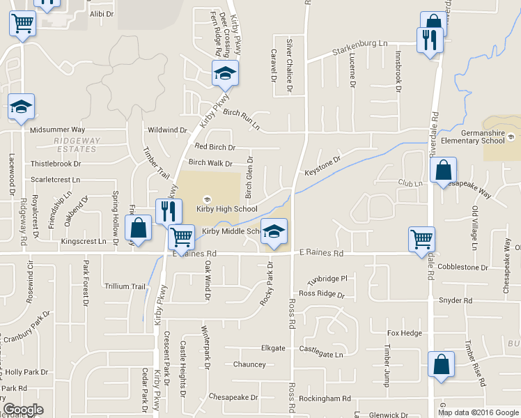 map of restaurants, bars, coffee shops, grocery stores, and more near 6619 Winding Birch Drive in Memphis