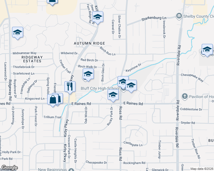 map of restaurants, bars, coffee shops, grocery stores, and more near 6619 Winding Birch Drive in Memphis