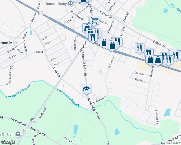 map of restaurants, bars, coffee shops, grocery stores, and more near 63 Blackstock Road in Inman
