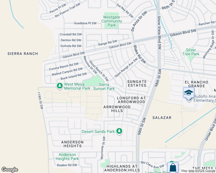 map of restaurants, bars, coffee shops, grocery stores, and more near Amole Mesa Avenue Southwest in Albuquerque