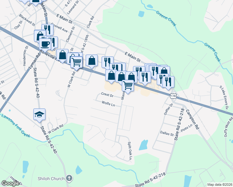 map of restaurants, bars, coffee shops, grocery stores, and more near 308 Crest Drive in Inman