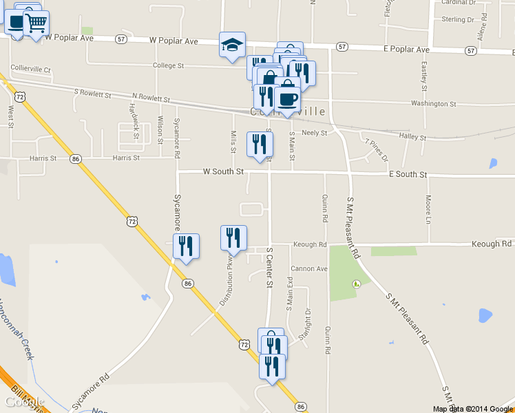 map of restaurants, bars, coffee shops, grocery stores, and more near 140 Center Springs Place in Collierville