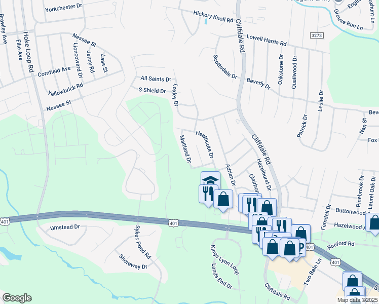 map of restaurants, bars, coffee shops, grocery stores, and more near 2031 Maitland Drive in Fayetteville