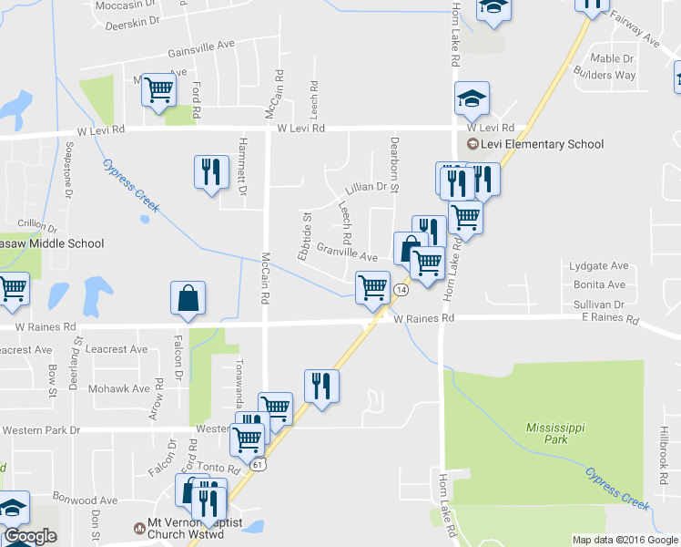 map of restaurants, bars, coffee shops, grocery stores, and more near 4085 Leech Road in Memphis
