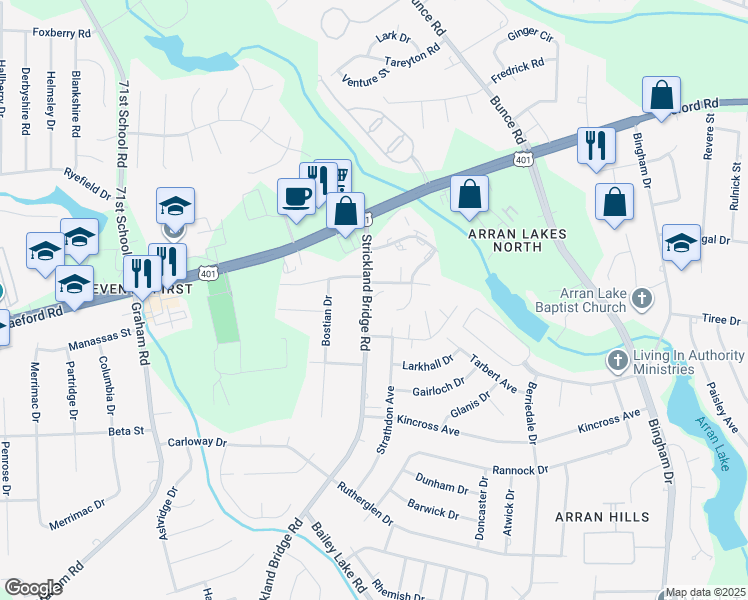 map of restaurants, bars, coffee shops, grocery stores, and more near 1057 Strickland Bridge Road in Fayetteville