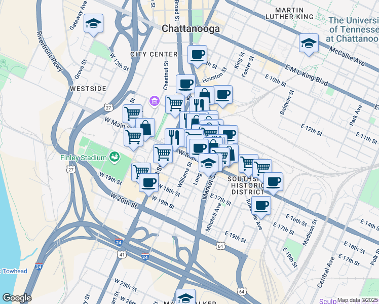 map of restaurants, bars, coffee shops, grocery stores, and more near 201 West Main Street in Chattanooga