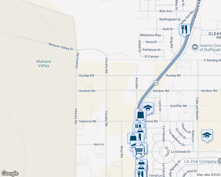 map of restaurants, bars, coffee shops, grocery stores, and more near 4053 Cavalry Road in Fort Mohave