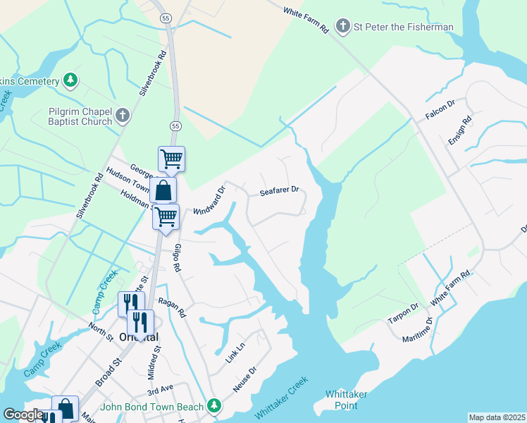 map of restaurants, bars, coffee shops, grocery stores, and more near 1405 Seafarer Drive in Oriental