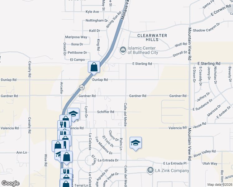 map of restaurants, bars, coffee shops, grocery stores, and more near 1715 Gardner Road in Bullhead City