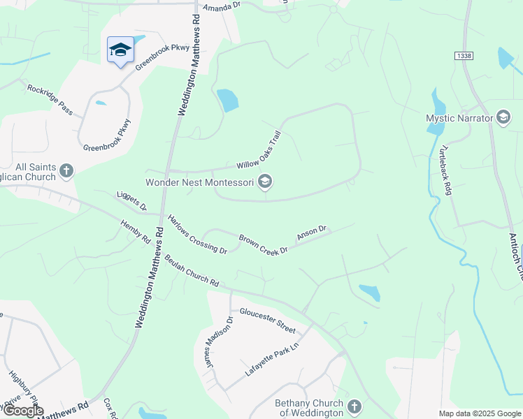 map of restaurants, bars, coffee shops, grocery stores, and more near 1459 Willow Oaks Trail in Matthews