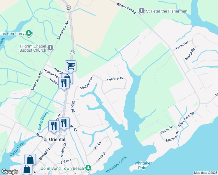 map of restaurants, bars, coffee shops, grocery stores, and more near 1405 Seafarer Drive in Oriental
