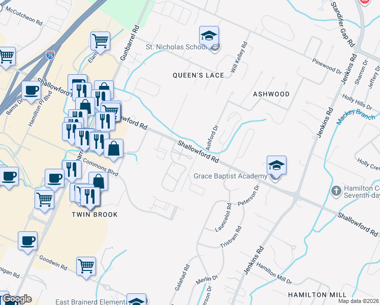 map of restaurants, bars, coffee shops, grocery stores, and more near 1203 Regency Court in Chattanooga