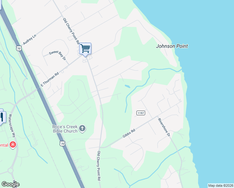 map of restaurants, bars, coffee shops, grocery stores, and more near 4106 Old Cherry Point Road in New Bern