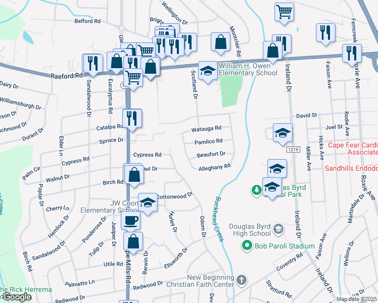 map of restaurants, bars, coffee shops, grocery stores, and more near 509 Alleghany Road in Fayetteville