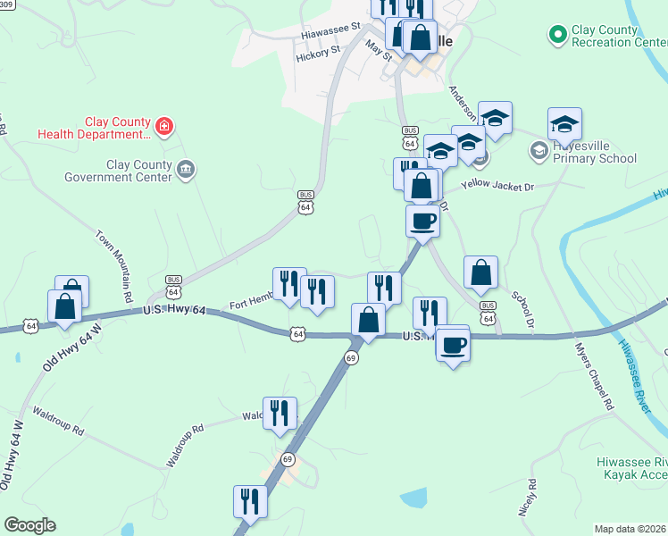 map of restaurants, bars, coffee shops, grocery stores, and more near 181 Fort Hembree Road in Hayesville