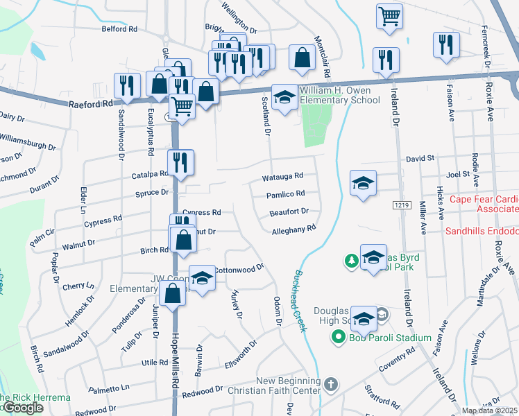 map of restaurants, bars, coffee shops, grocery stores, and more near 509 Alleghany Road in Fayetteville