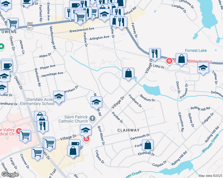 map of restaurants, bars, coffee shops, grocery stores, and more near 1919 Fordham Drive in Fayetteville