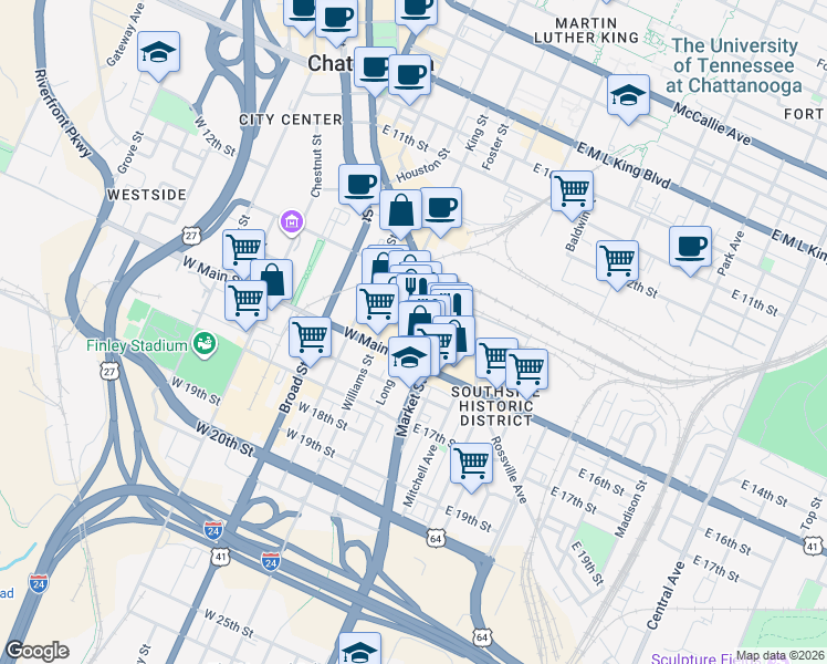 map of restaurants, bars, coffee shops, grocery stores, and more near 1445 Market Street in Chattanooga