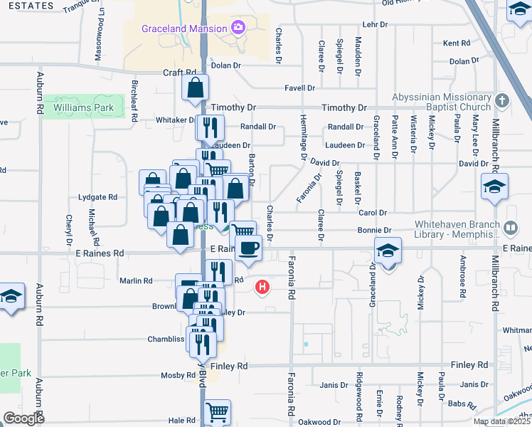 map of restaurants, bars, coffee shops, grocery stores, and more near 4081 Charles Drive in Memphis